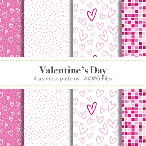 以下が含まれることがあります： 白い背景にピンクのハートと線が描かれたシームレスパターン4つと、白い背景にピンクの正方形が描かれたシームレスパターン1つ。パターン下に「Valentine's Day」と「4 seamless patterns - AI/JPG Files」のテキストが表示されています。