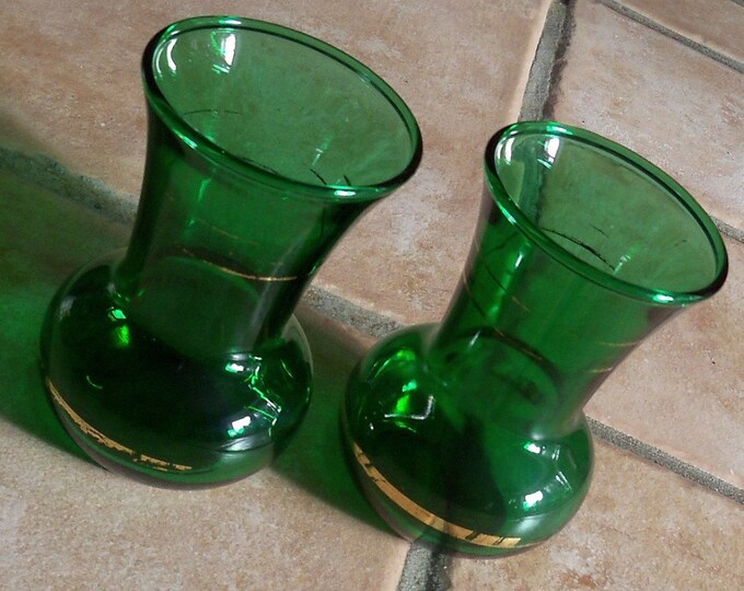 Vintage Green Glass Vases With Gold Trim Etsy