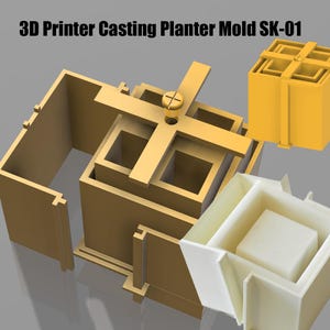 Op de afbeelding: 3D-geprinte plantenbakvorm SK-01, met een modulair ontwerp. De afbeelding toont een gedemonteerde vorm met een kruisvormig bovendeel en een schroef. Een aparte gele vorm is ook zichtbaar.
