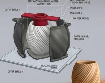 May include: An illustration of a 3D model of a vase with a spiral design, showing the components for silicon casting. The model is white with a red top, and the outer shell is black. The total height is 109.78mm, and the max width is 100mm.