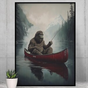 Bigfoot Gone Fishing – Airbrush Art Digital Poster, High-Resolution Bigfoot Printable Art Poster, Instant Download Printable Art