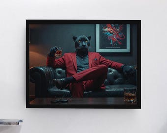 Panther in Style – Poster digitale astratto di un gentiluomo della Pantera Nera che beve whisky, arte cinematografica, arte stampabile, download immediato