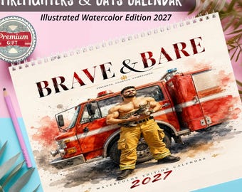 Illustrierte Feuerwehr 2027 Wandkalender: Katze Aquarell Kunst, gutaussehende Männer künstlerisches Geschenk