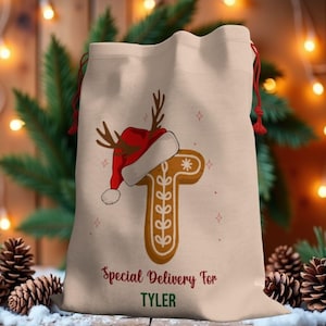 Personalized Gingerbread Santa Sack, Custom Christmas Gift Bag for Kids, Name & Initial on Large Size