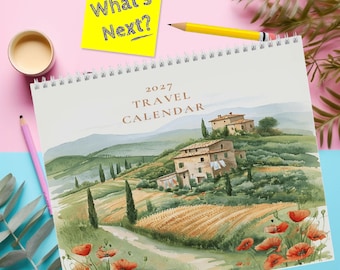 Calendario de viaje de pared 2027 - Calendario anual ilustrado con arte, regalo para viajeros