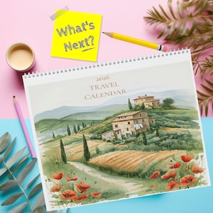 Calendar, Travel 2026 Wall Calendar, 12 Month Illustrated Calendar, Monthly Art Calendar, Gift for Travelers, Watercolor Wall Decor