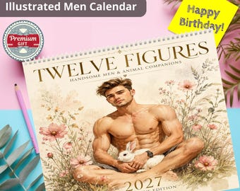 イラスト入り男性カレンダー 2027年版：水彩画で描かれたハンサムな髭の男性、芸術的なギフト