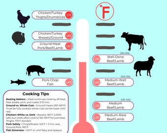 Meat Temperature Magnet | USDA Safe Cooking Temps by Cut | Kitchen Cheat Sheet | Meat Doneness Guide | Food Safety Reference