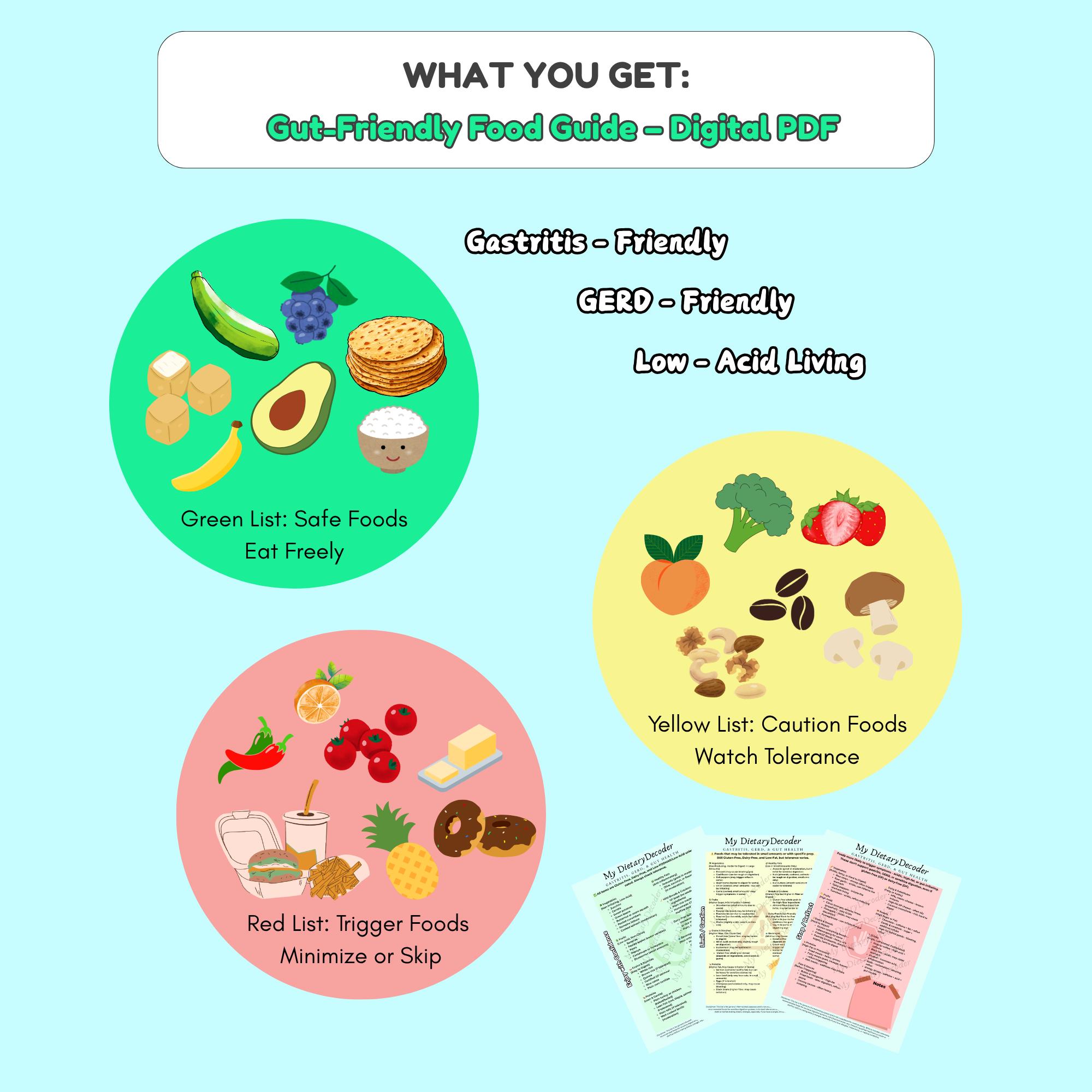 Gut-Friendly Food Lists | Green, Yellow, Red Tier Chart | Gastritis, GERD, Reflux Safe Diet | Editable PDF | Digital Download
