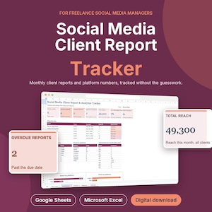 May include: A digital Social Media Client Report Tracker spreadsheet template for freelance social media managers. The interface displays analytics, overdue reports, and total reach metrics. Compatible with Google Sheets and Microsoft Excel.