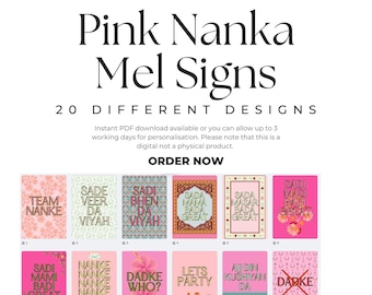 May include: Digital download of Pink Nanka Mel Signs, offering 20 designs. The image showcases pink and gold cards with phrases like "Team Nanke" and "Sada Mama Bada Great". The text "Order Now" is also visible, promoting a digital product.