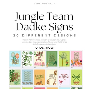 Könnte beinhalten: Digitaler Download von 20 verschiedenen "Jungle Team Dadke Signs" mit unterschiedlichen Designs. Die Schilder zeigen farbenfrohe Illustrationen und Texte, ideal für Hochzeits- oder Partydekorationen. Enthält Texte wie "Let's Party" und "Nanke Who?"