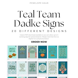 Könnte beinhalten: Eine Sammlung von 20 verschiedenen Dadke-Schildern in Teal-Farben mit verschiedenen Designs. Die Schilder enthalten Text in mehreren Sprachen und sind als digitaler PDF-Download erhältlich. Die Schilder sind für Hochzeiten und andere Feiern konzipiert.
