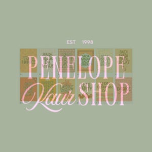 May include: A digital graphic with a pale green background. The image features the text "Penelope Kaur Shop" in a cursive font, overlaid on a grid of small, rectangular graphics with text in a different language. The text "EST 1998" is also present.