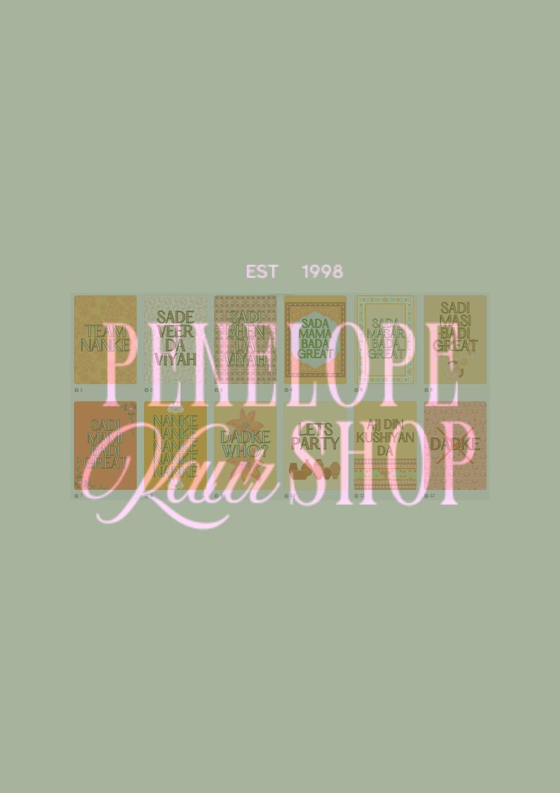 May include: A digital graphic with a pale green background. The image features the text "Penelope Kaur Shop" in a cursive font, overlaid on a grid of small, rectangular graphics with text in a different language. The text "EST 1998" is also present.