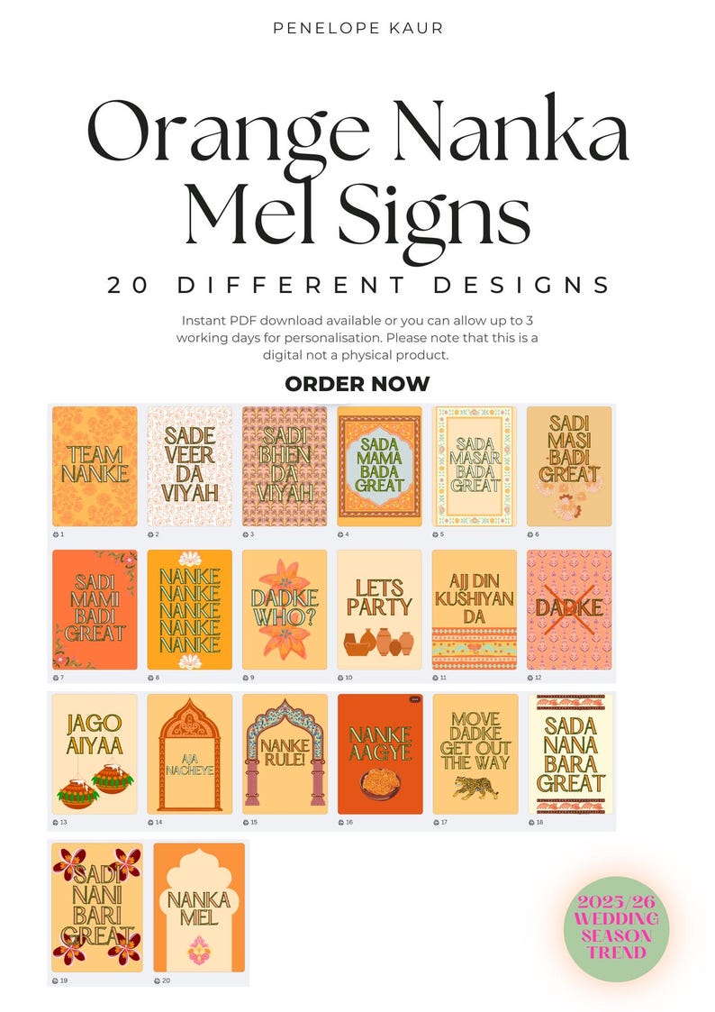 May include: A set of 20 digital signs in shades of orange and cream, featuring text designs for a wedding. Phrases such as "Nanka Mel" and "Lets Party" are displayed. The text "2025/26 Wedding Season Trend" is also visible on the signs.