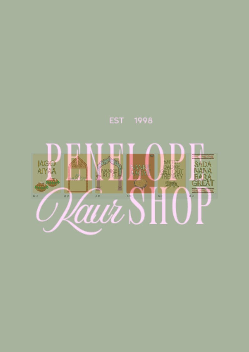 May include: Sage green background with the text "PENELOPE KAUR SHOP" in a light pink script. The image includes a series of small rectangular illustrations with text, and the words "EST 1998" in white.