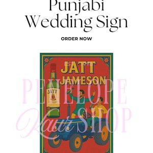 Puede incluir: Cartel de boda punjabi con el texto "Punjabi Wedding Sign" y "Order Now". La imagen presenta un fondo rojo con un borde verde, una botella de Jatt Jameson Irish Whiskey y dos hombres en un tractor azul.
