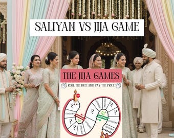 May include: A wedding game board with the text "SALIYAN VS JIJA GAME" and "THE JIJA GAMES". The board features a path with question marks and the text "CHALLENGE". People in traditional wedding attire stand in front of a decorated archway.
