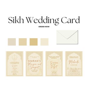 May include: Sikh wedding card design featuring four invitation cards, an envelope, and a colour palette. The cards have gold and cream tones with decorative borders and text. The text includes "Sikh Wedding Card" and "Order Now."