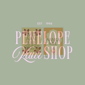 May include: A sage green background with the text "PENELOPE Your SHOP" in a light pink script. Two rectangular panels with text and floral designs are visible. The text "EST 1998" is at the top.