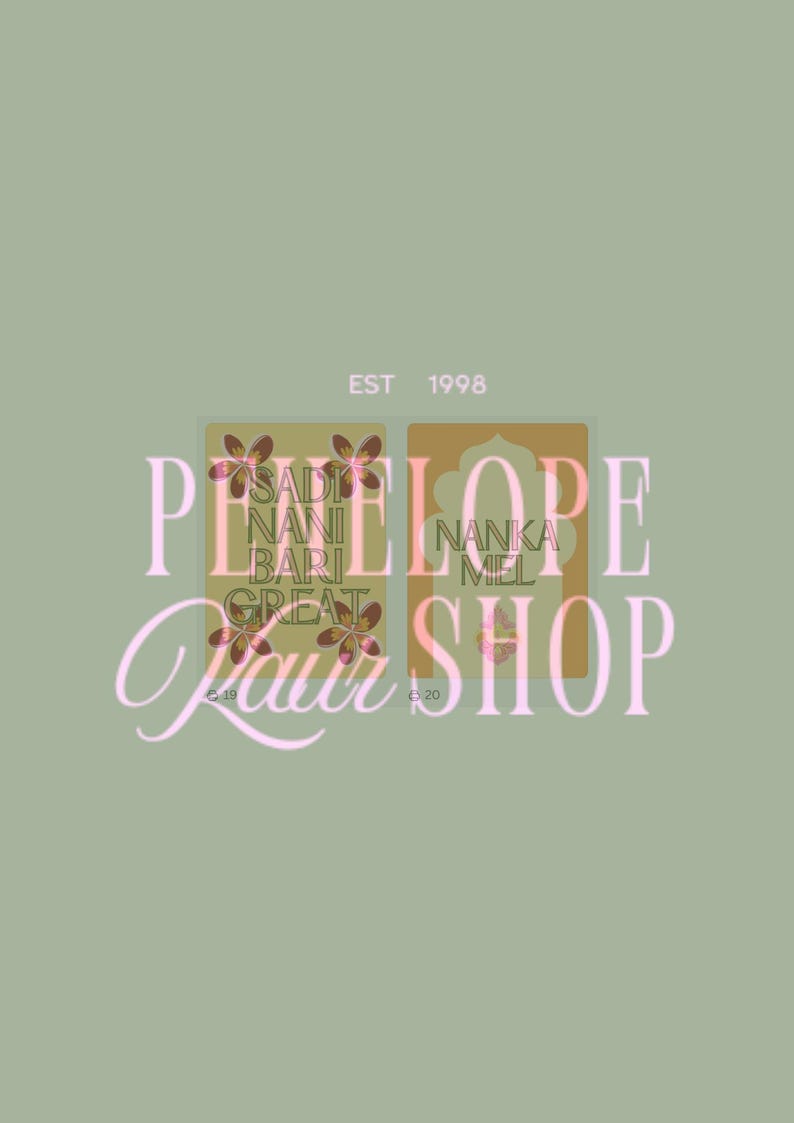 May include: A sage green background with the text "PENELOPE Your SHOP" in a light pink script. Two rectangular panels with text and floral designs are visible. The text "EST 1998" is at the top.
