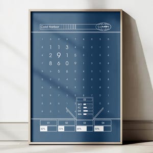 Peut inclure: Une affiche bleue et blanche avec le texte "Cold Harbor" et "LUMON" dans un rectangle blanc. L'affiche présente une grille de nombres et une grille plus petite avec le texte "WO", "FC", "DR", et "MA". L'affiche comprend également des pourcentages : 42 %, 33 %, 65 % et 53 %.