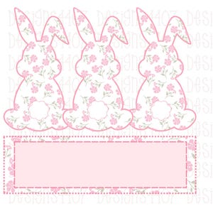 May include: Three pink floral bunny rabbits with white outlines and a blank pink banner with a white outline below them.
