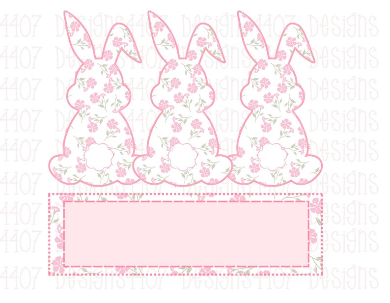 May include: Three pink floral bunny rabbits with white outlines and a blank pink banner with a white outline below them.