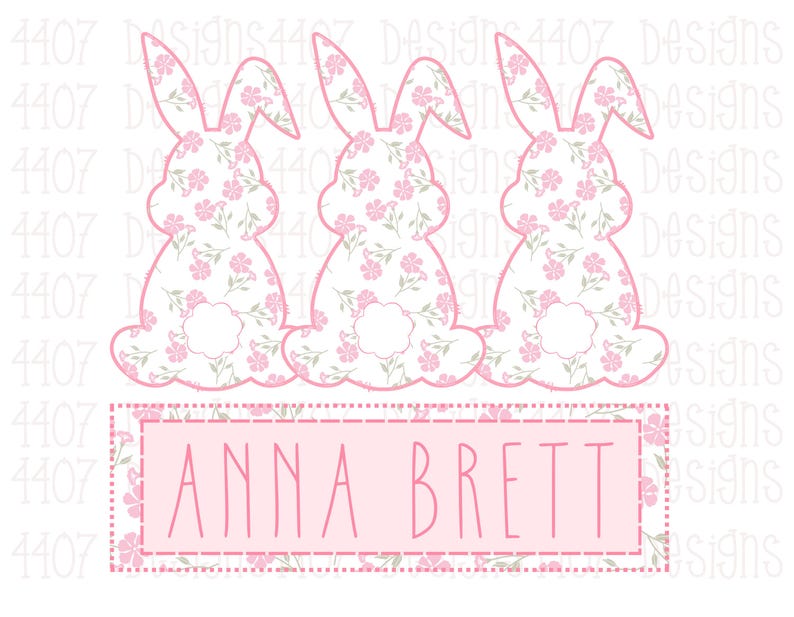 May include: Three pink bunny silhouettes with floral patterns, arranged in a row. A pink banner with the text "ANNA BRETT" is below the bunnies.