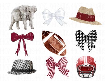 Può includere: Una collezione di illustrazioni ad acquerello con un elefante grigio, un fiocco bianco, un cappello fedora beige con una fascia marrone scuro, un fiocco marrone scuro, un pallone da football, un fiocco pied-de-poule bianco e nero, un fedora pied-de-poule bianco e nero, un fiocco a righe marrone scuro e un casco da football rosso.