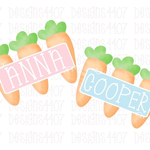 May include: Three watercolor carrot illustrations with green tops. The carrots are arranged in a row with a pink banner over the first three carrots that says "ANNA" and a blue banner over the last three carrots that says "COOPER".