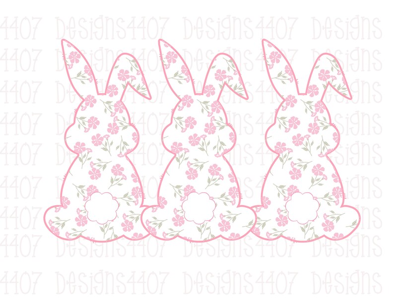 May include: Three pink bunny silhouettes with a floral pattern. The bunnies are facing forward with their ears up and their tails in the air.