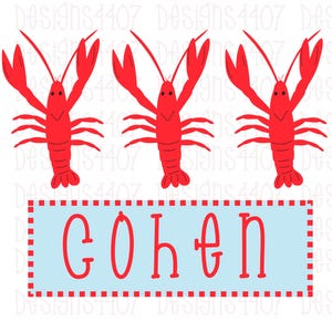 May include: Three red crawfish with black eyes and white accents are arranged in a row above a blue banner with the name "GOHEN" in red letters. The banner has a red and white dotted border.