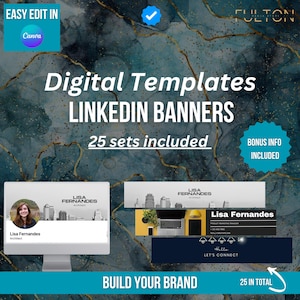 May include: A digital product mockup showing 25 sets of customizable LinkedIn banner templates. The templates feature a cityscape background, a profile picture placeholder, and space for text. The text "BUILD YOUR BRAND" is displayed below the mockup. The text "25 sets included" and "BONUS INFO INCLUDED" are also displayed.