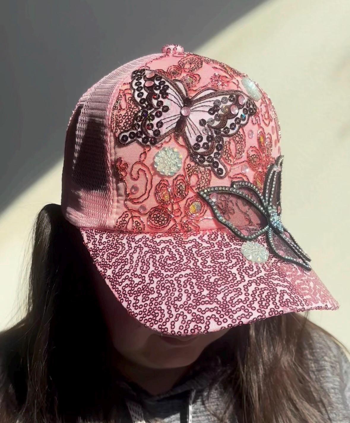 Pink Butterfly Beaded Retro Floral Sequined Rhinestone Y2K Statement Trucker Hat Butterfly Charm Trucker Hat: Green, Pink, and Black Gem  main image 3