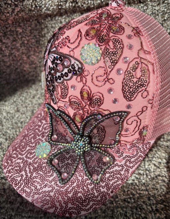 Pink Butterfly Beaded Retro Floral Sequined Rhinestone Y2K Statement Trucker Hat Butterfly Charm Trucker Hat: Green, Pink, and Black Gem  main image 4