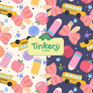 Coquette Back to School Seamless Pattern | 2 Colorway Digital Paper | Cute School Bus, Bow, Pencil, Apple Print | 12x12&quot; 300dpi JPEG