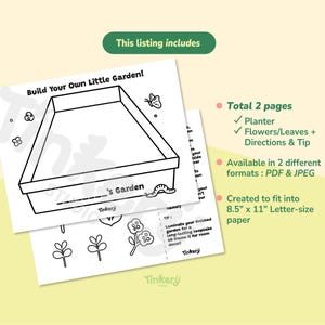 May include: Two-page printable set for a DIY garden project. The top sheet features a planter outline with the text "Build Your Own Little Garden!" and the bottom sheet includes flower and leaf designs. The set is designed to fit 8.5" x 11" paper.