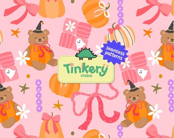 Halloween Coquette Seamless Pattern: Bear, Pumpkins, Bows (12x12" JPEG PNG Digital Download)