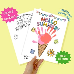 Hello Summer Handprint Craft Printable | Ice Cream Coloring Page for Kids | Summer Preschool Activity | Fun DIY Keepsake Art | Print At Home