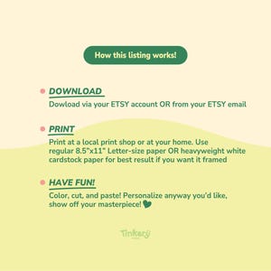May include: A light yellow background with text that reads "How this listing works!" and instructions for downloading, printing, and having fun with the product. The text includes "DOWNLOAD", "PRINT", and "HAVE FUN!" with additional details.