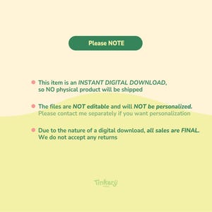 May include: A digital download notice with the text "Please NOTE" in a green rounded rectangle. The text explains the item is a digital download, not editable, and sales are final. The Tinkery logo is at the bottom.