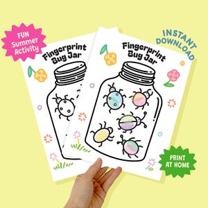 May include: Two white printable sheets with a "Fingerprint Bug Jar" design. Each jar contains illustrated bugs, ready to be colored with fingerprints. Text includes "Fun Summer Activity," "Instant Download," and "Print at Home."