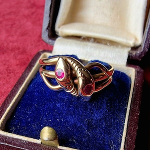 Könnte beinhalten: Ein goldfarbener Ring im Schlangendesign mit zwei Schlangenköpfen, die jeweils mit roten Edelsteinaugen besetzt sind. Der Ring wird in einer Vintage-Schmuckschatulle aus blauem Samt mit goldenem Verschluss vor rotem Hintergrund präsentiert.