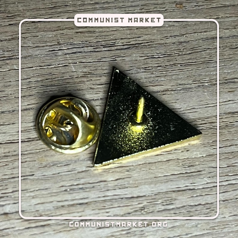 May include: A gold-colored triangle pin with a black background and a pin back. The pin is on a wooden surface.