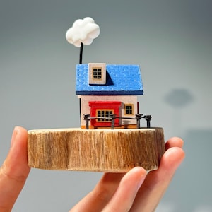 Handmade Miniature House Decor | Whimsical Wooden Cottage for Shelf Decor & New Home Gifts