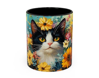 Whimsical Cat Coffee Mug, Cat Lover Gift, Floral Art Mug, Cute Animal Mug, Unique Gift for Cat Lovers, Nature Lover's Coffee Cup