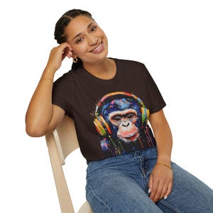 Colorful Monkey Headphones T-Shirt, Fun Graphic Tee, Music Lover Gift, Unique Animal Art Shirt, Casual Wear