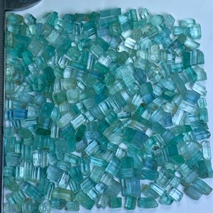 Può includere: Una collezione di piccoli cristalli di tormalina grezzi, color acquamarina. I cristalli variano per dimensioni e forma, con un mix di forme rettangolari e irregolari. Il colore varia dal verde-azzurro chiaro allo scuro.